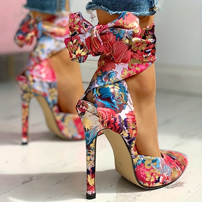 Floral Stiletto Pointed Toe Ankle Strap Ultra-High Heels