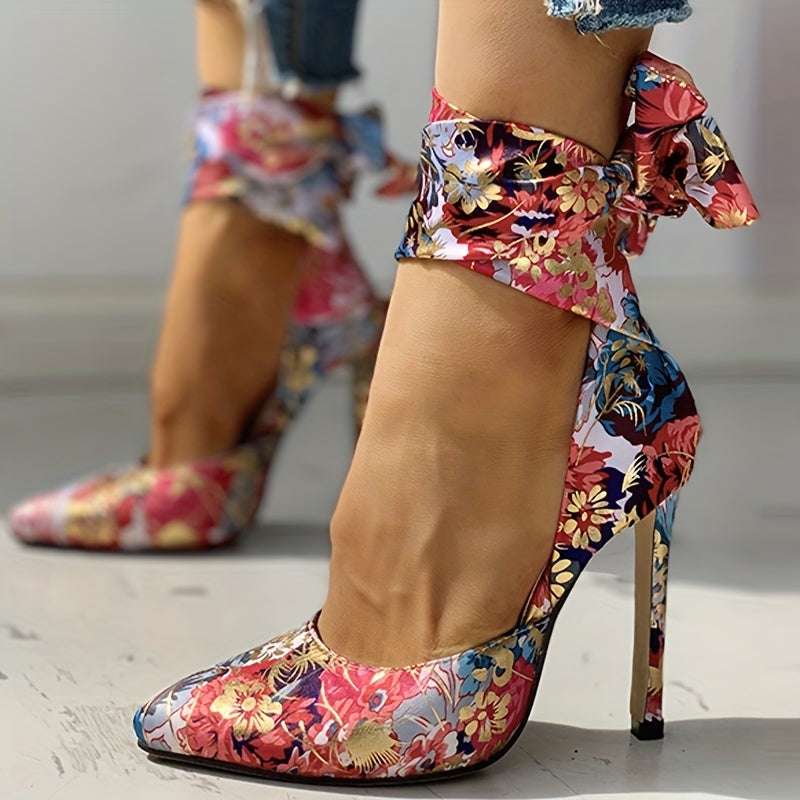 Floral Stiletto Pointed Toe Ankle Strap Ultra-High Heels
