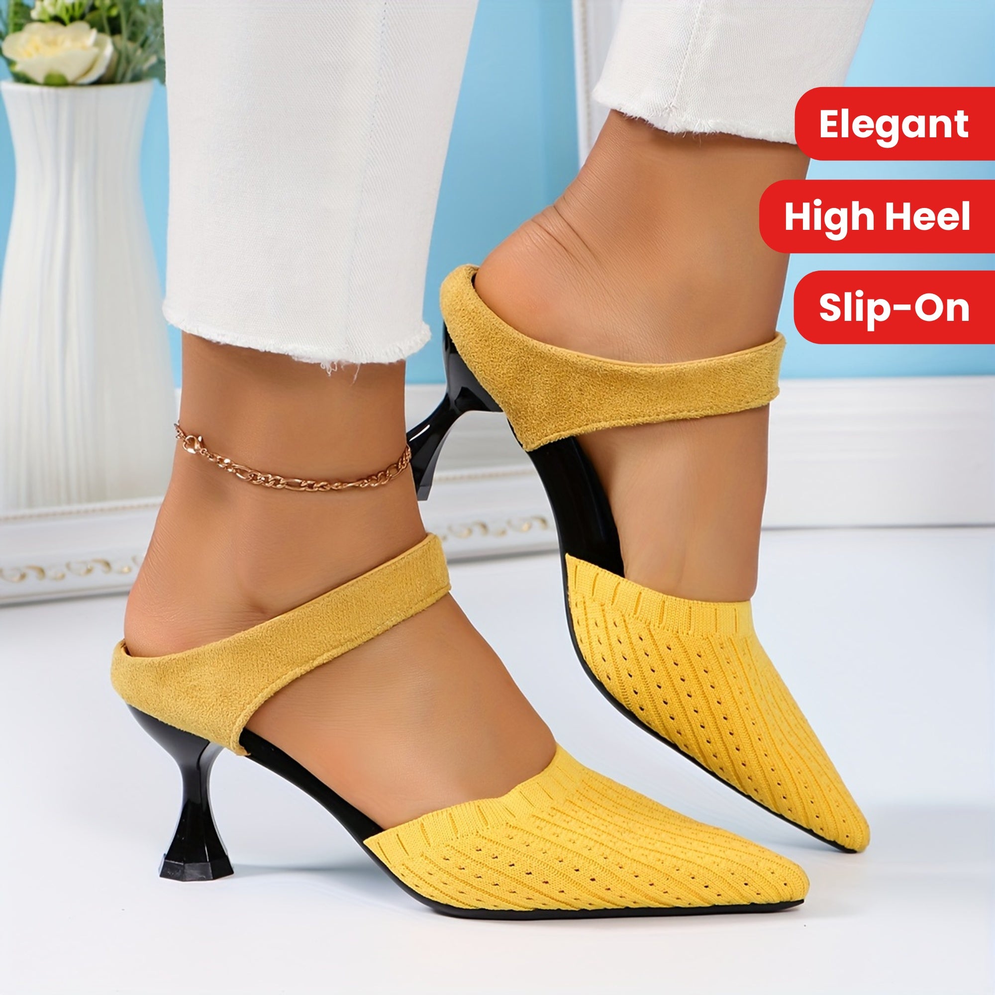 Slingback Pointed Toe Knit Fabric Slip-On Flared Stilettos