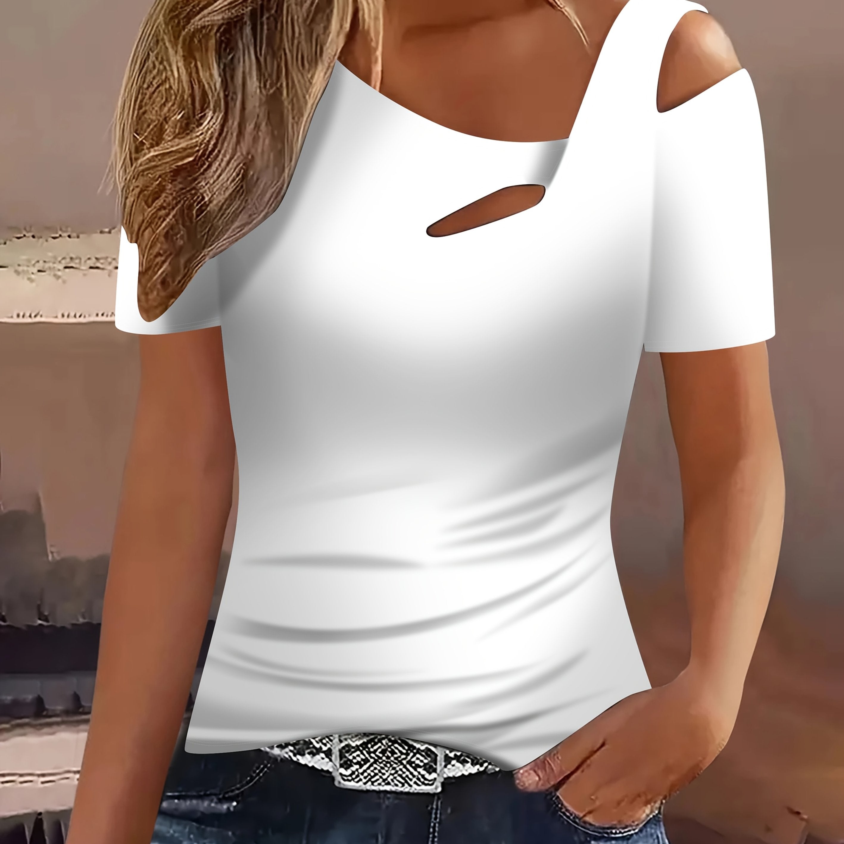 Women's Off-Shoulder Ripped T-Shirt - White