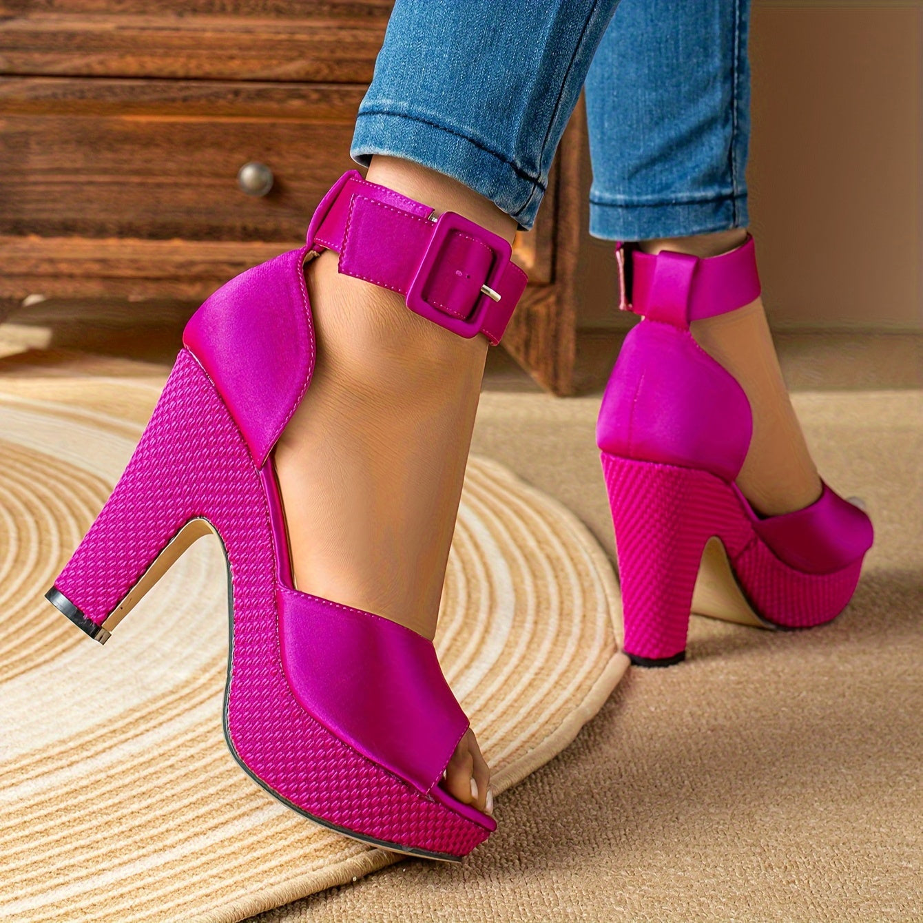 Satin Platform Open Toe Buckle Closure Block Heels