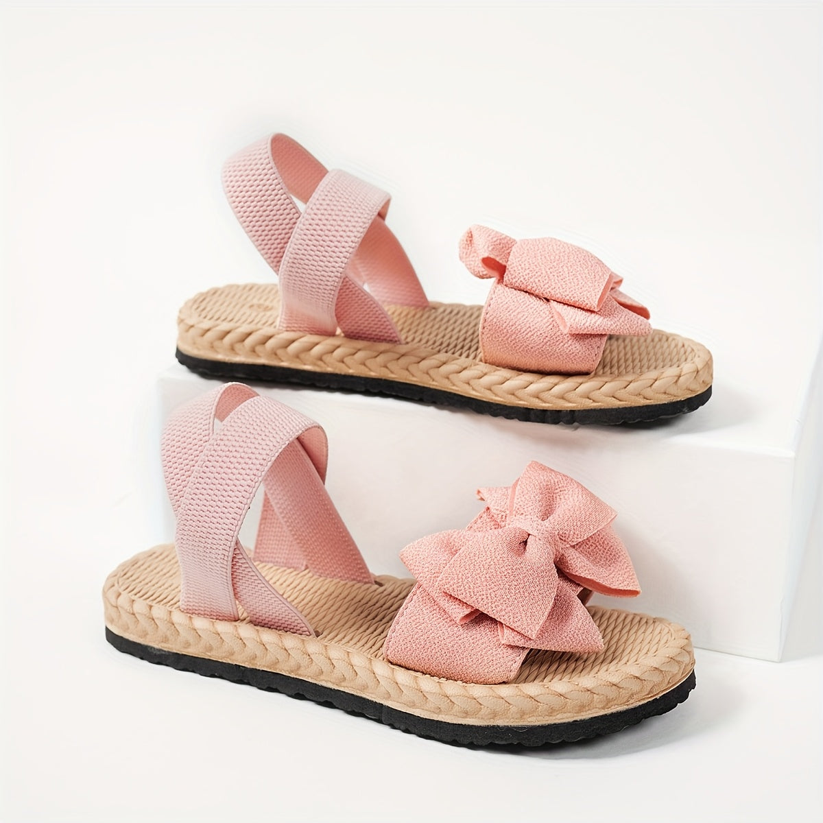 Bow-Adorned Round Toe Flat Sandals with Elastic Ankle Strap