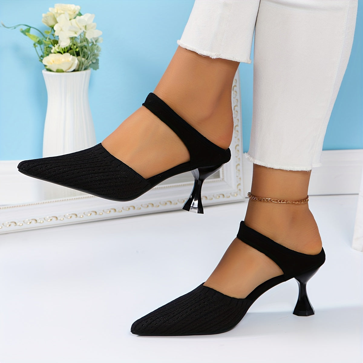 Slingback Pointed Toe Knit Fabric Slip-On Flared Stilettos