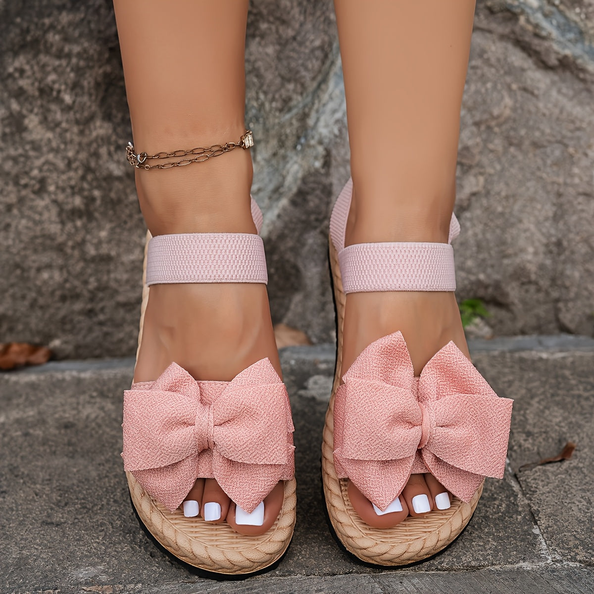 Bow-Adorned Round Toe Flat Sandals with Elastic Ankle Strap