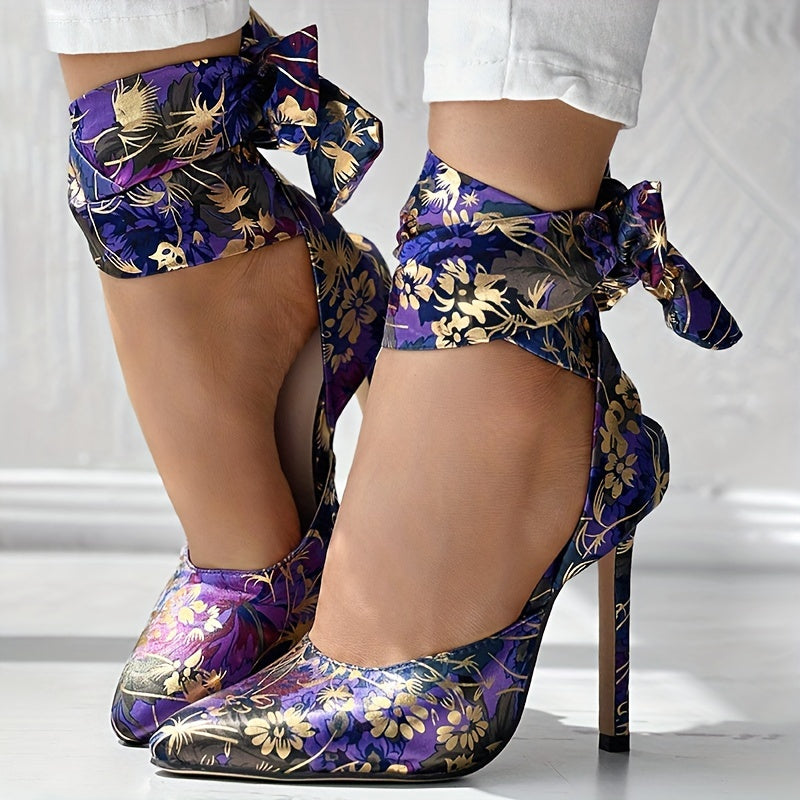 Floral Stiletto Pointed Toe Ankle Strap Ultra-High Heels