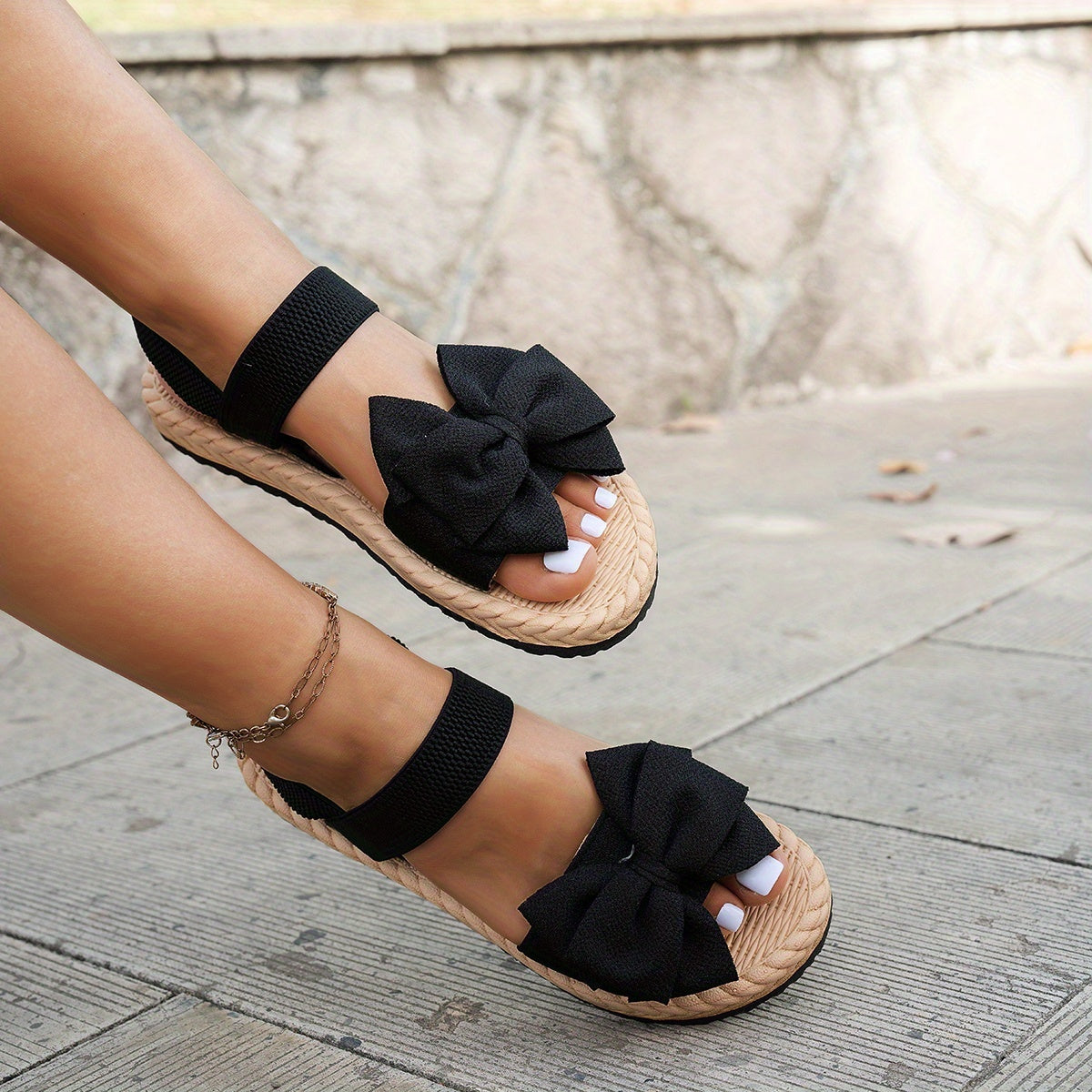 Bow-Adorned Round Toe Flat Sandals with Elastic Ankle Strap