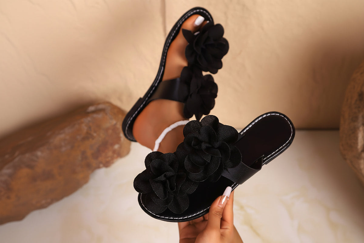 Women's Cute Floral Solid Color Flat Slippers with French Style Large Flowers