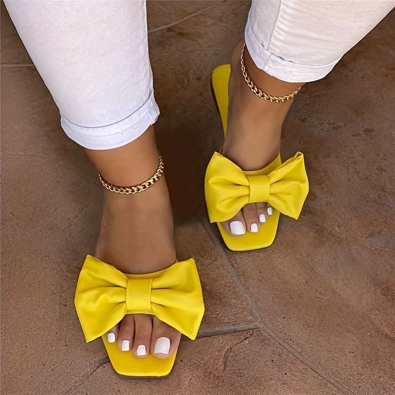 Women's Bowknot Flat Square Open Toe Non Slip Slides