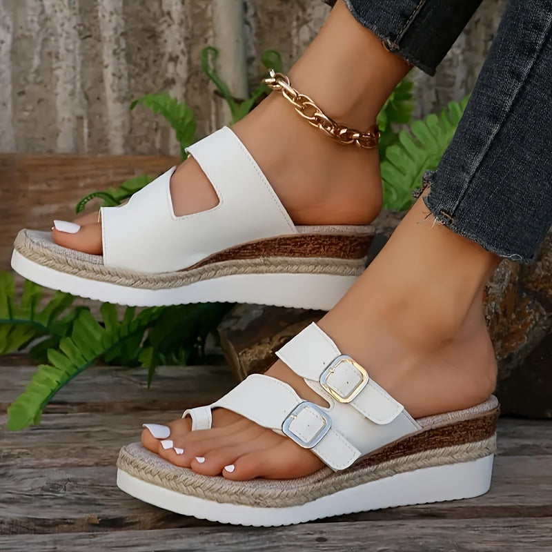 Slip-On Platform White Wedge Heels with Adjustable Metallic Buckle Strap Sandals