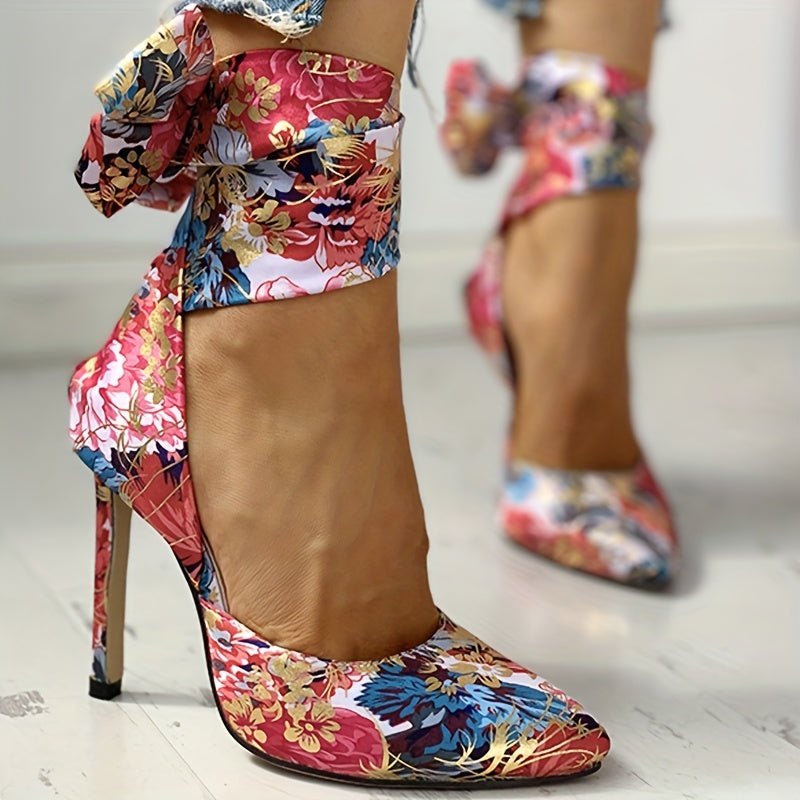 Floral Stiletto Pointed Toe Ankle Strap Ultra-High Heels