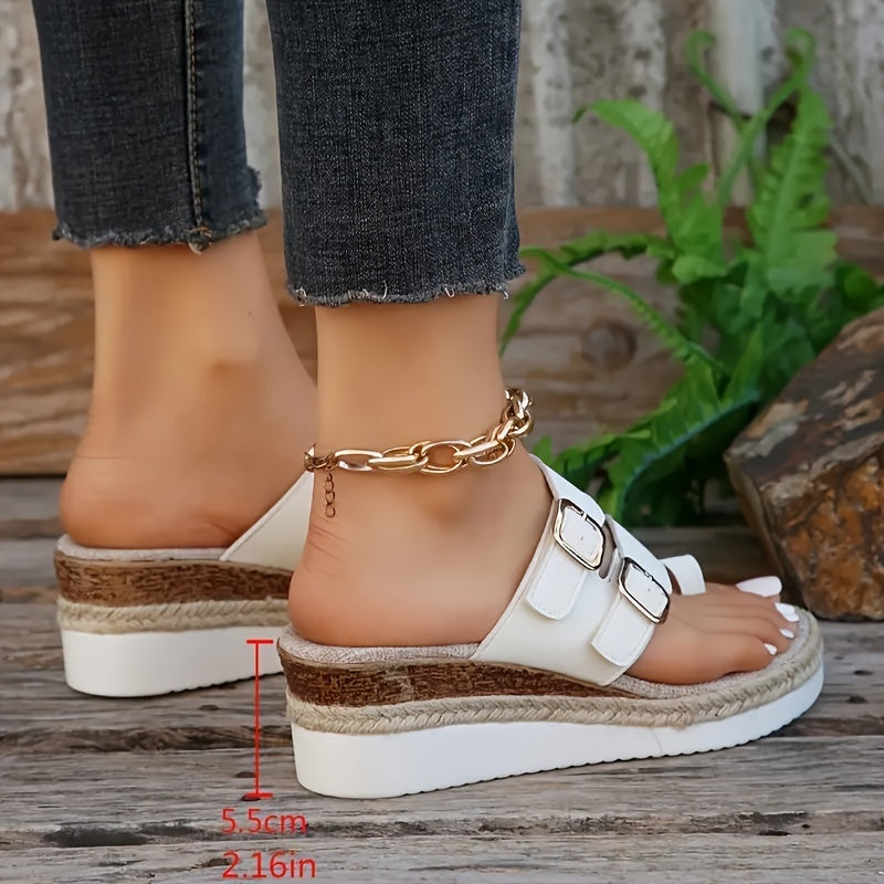Slip-On Platform White Wedge Heels with Adjustable Metallic Buckle Strap Sandals