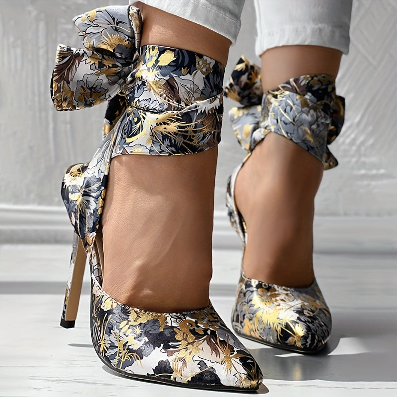 Floral Stiletto Pointed Toe Ankle Strap Ultra-High Heels