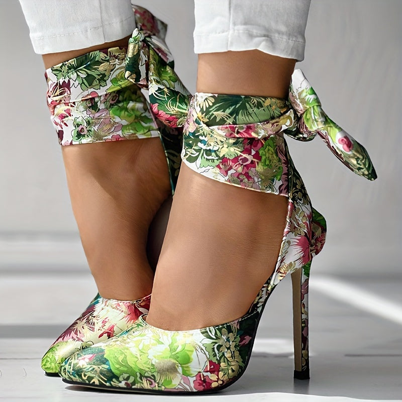 Floral Stiletto Pointed Toe Ankle Strap Ultra-High Heels