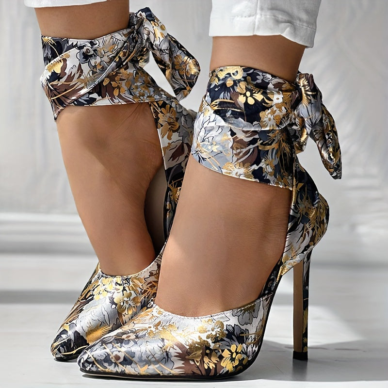 Floral Stiletto Pointed Toe Ankle Strap Ultra-High Heels