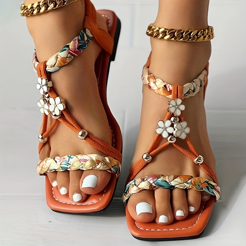 Floral Beaded Roman Bohemian Orange Flat Sandals - Adjustable Ankle Straps