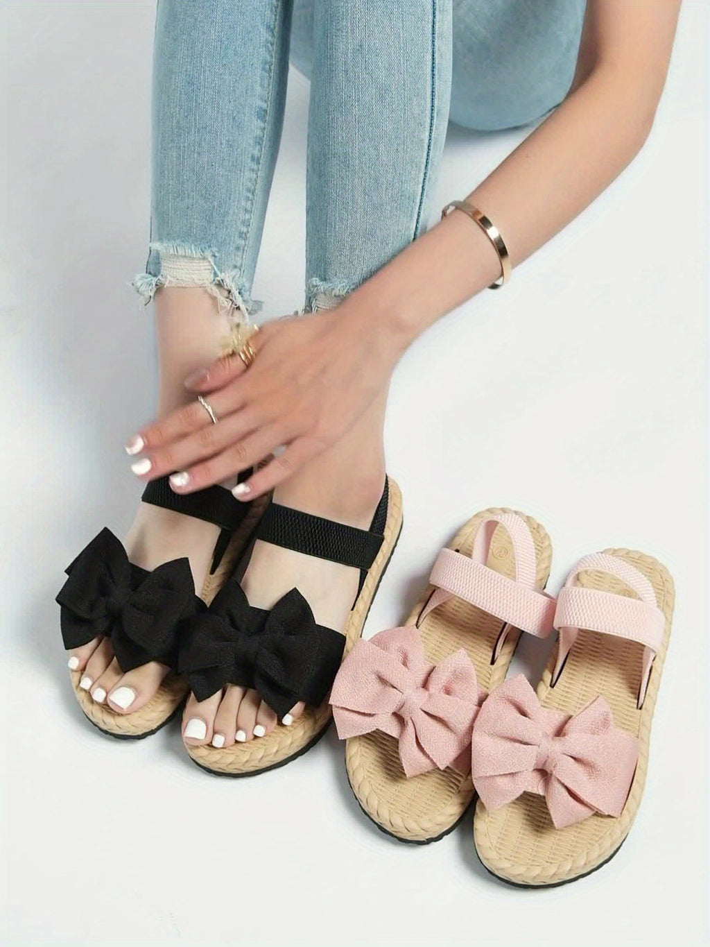 Bow-Adorned Round Toe Flat Sandals with Elastic Ankle Strap