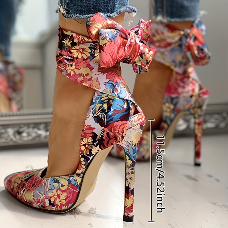 Floral Stiletto Pointed Toe Ankle Strap Ultra-High Heels