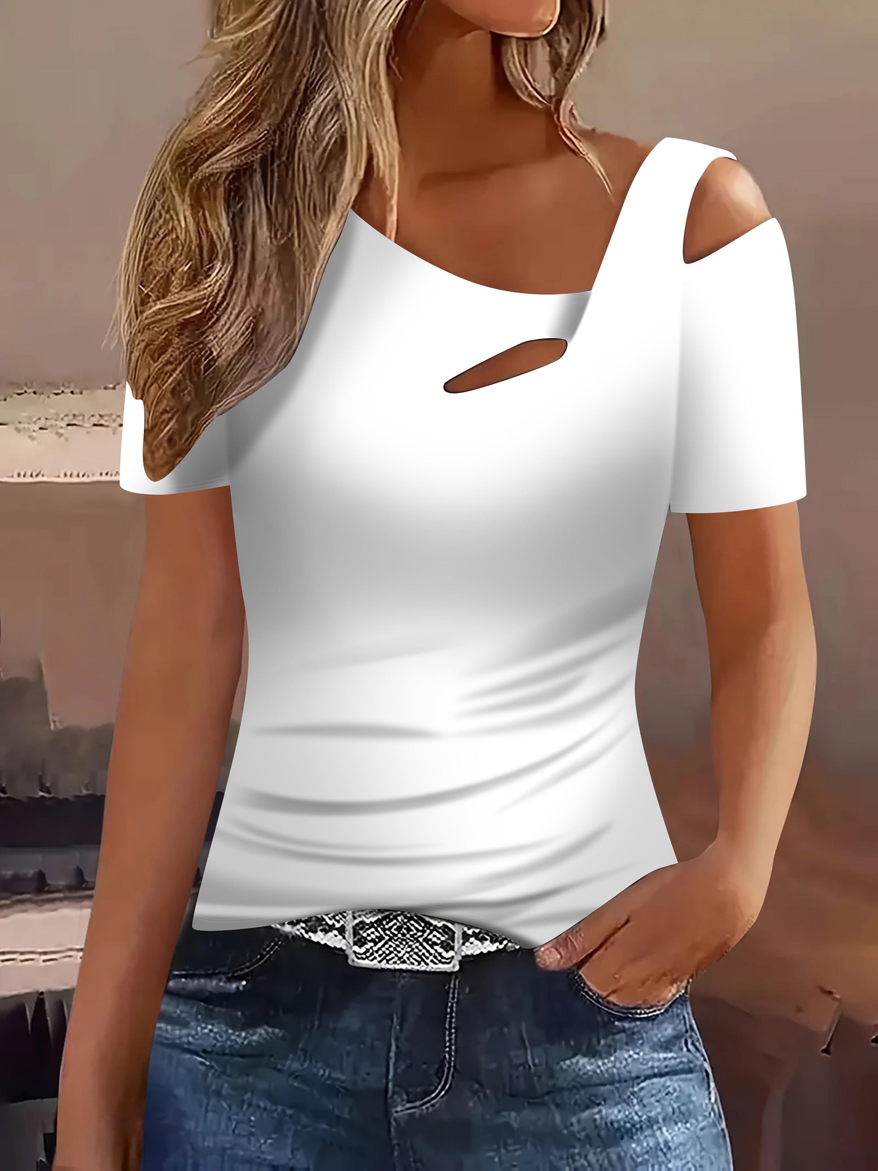Women's Off-Shoulder Ripped T-Shirt - White