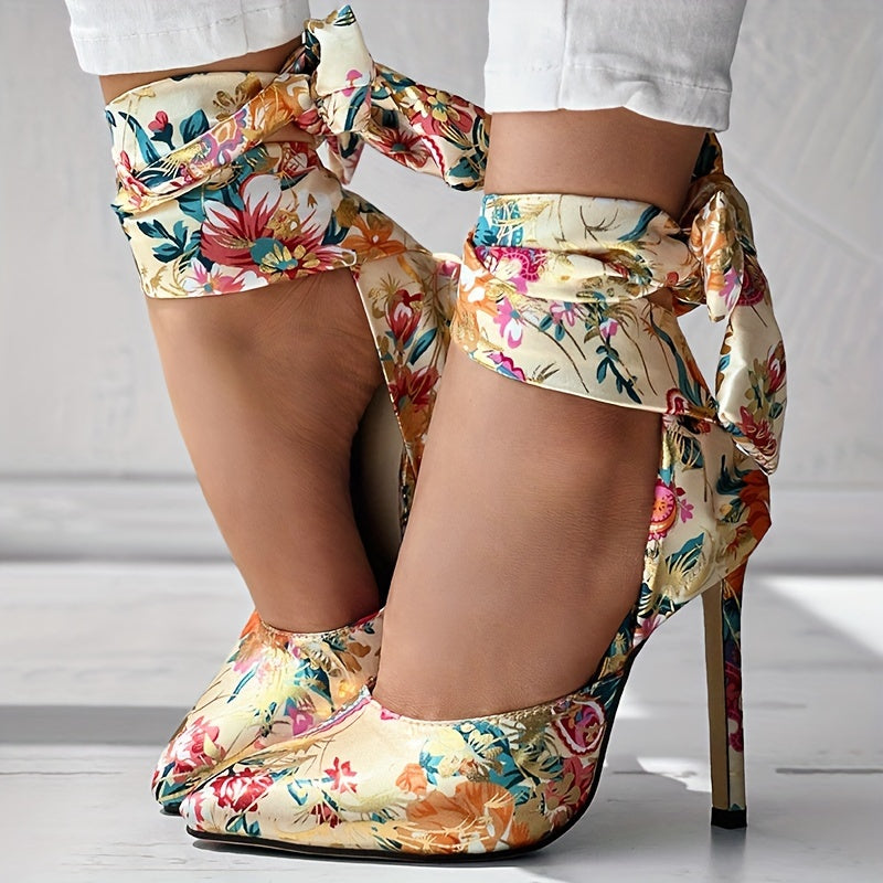 Floral Stiletto Pointed Toe Ankle Strap Ultra-High Heels