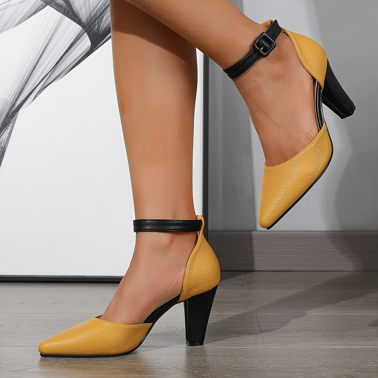 Elegant Pointed Toe Block Heel Pumps with Ankle Strap