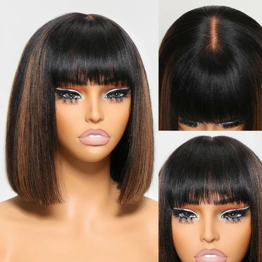 Balayage Highlight Yaki Straight Bob Wig With Bangs Scalp Middle Part 4x2 Lace 100% Human Hair Short Bob Wigs