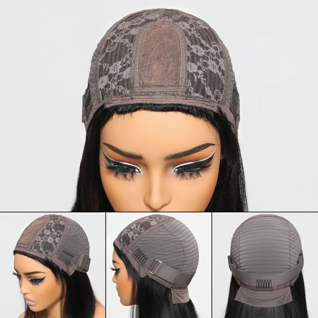 Balayage Highlight Yaki Straight Bob Wig With Bangs Scalp Middle Part 4x2 Lace 100% Human Hair Short Bob Wigs