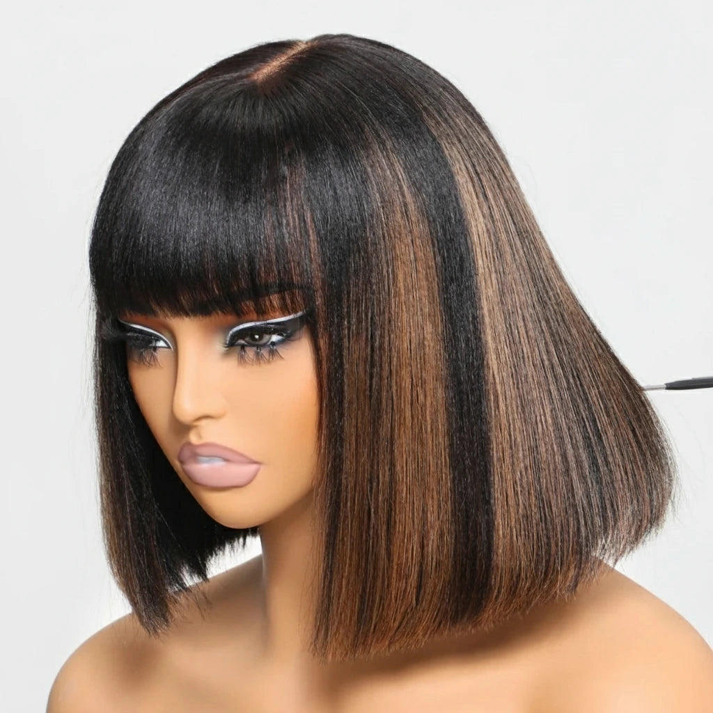 Balayage Highlight Yaki Straight Bob Wig With Bangs Scalp Middle Part 4x2 Lace 100% Human Hair Short Bob Wigs