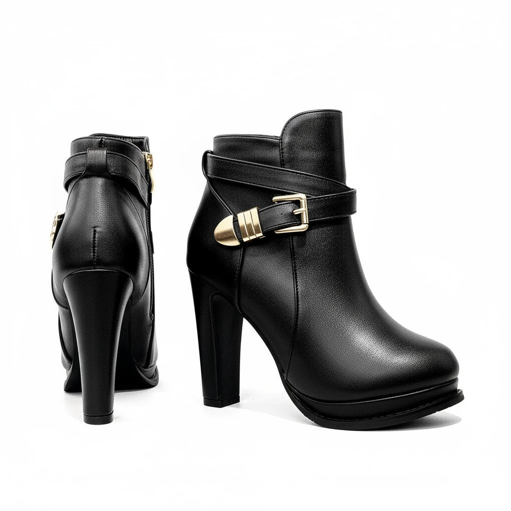 Metal Leather Buckle High Heels Middle Cylinder Booties