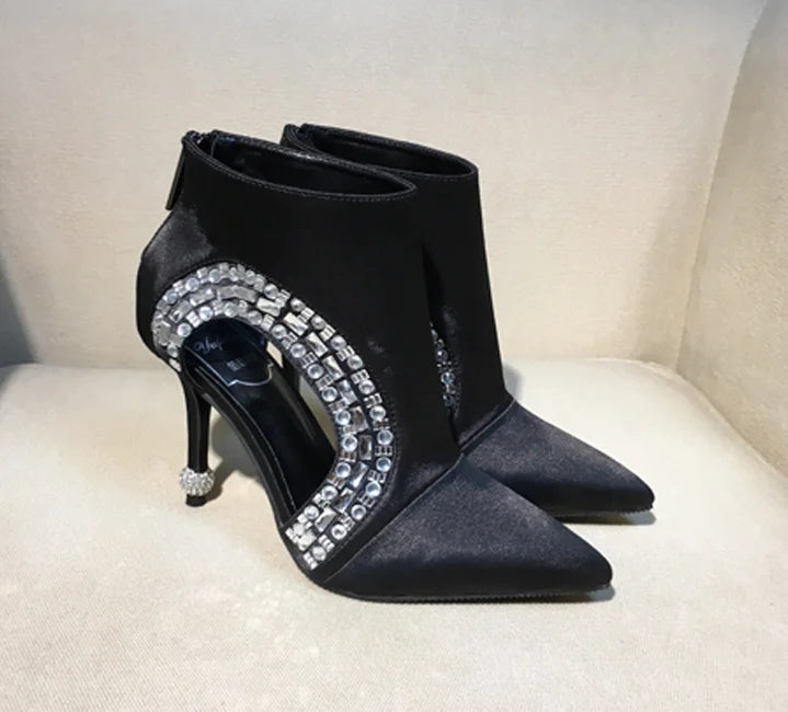 Hollow Crystal Pointy Toe Zipper Up Stiletto High Heel Suede Velvet Ankle Booties