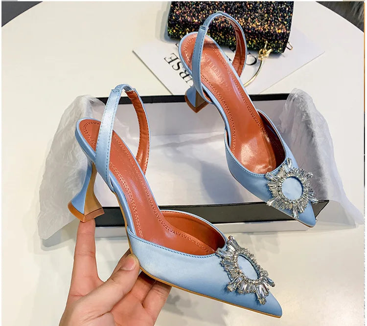 Women's rhinestones sun flower high heel slingback shoes pointed toe