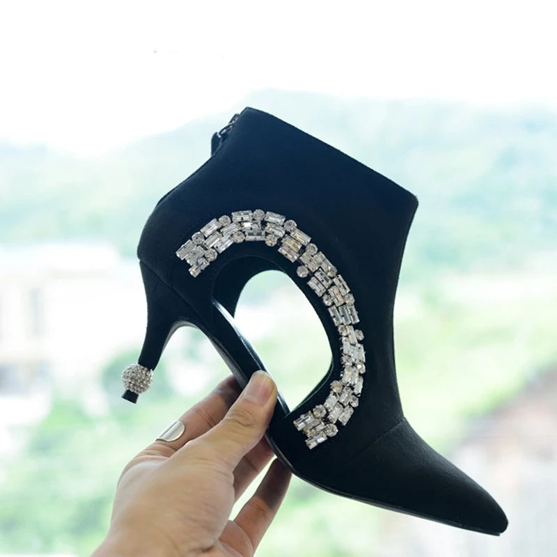 Hollow Crystal Pointy Toe Zipper Up Stiletto High Heel Suede Velvet Ankle Booties