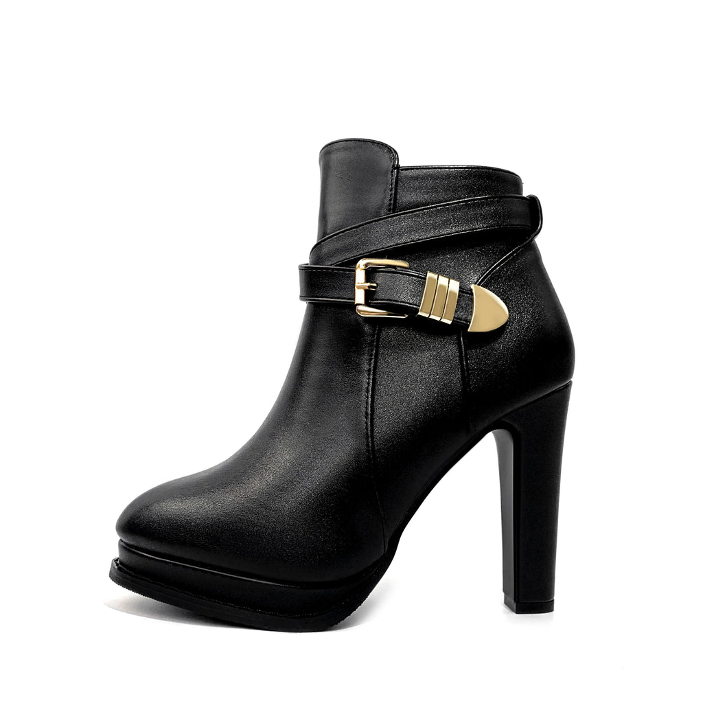 Metal Leather Buckle High Heels Middle Cylinder Booties