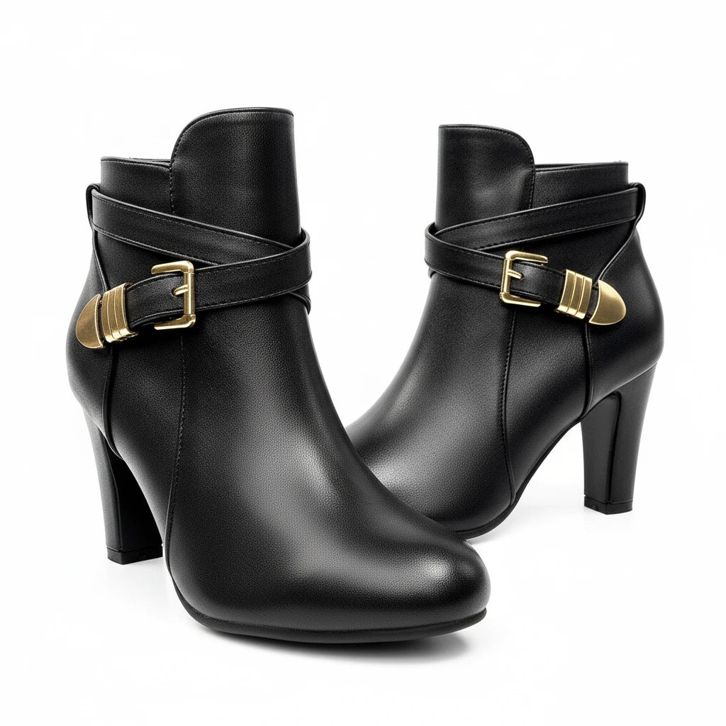 Metal Leather Buckle High Heels Middle Cylinder Booties