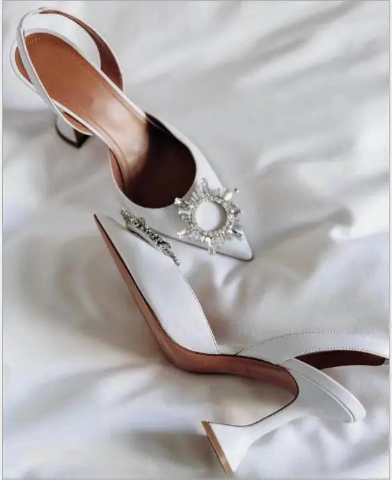 Women's rhinestones sun flower high heel slingback shoes pointed toe