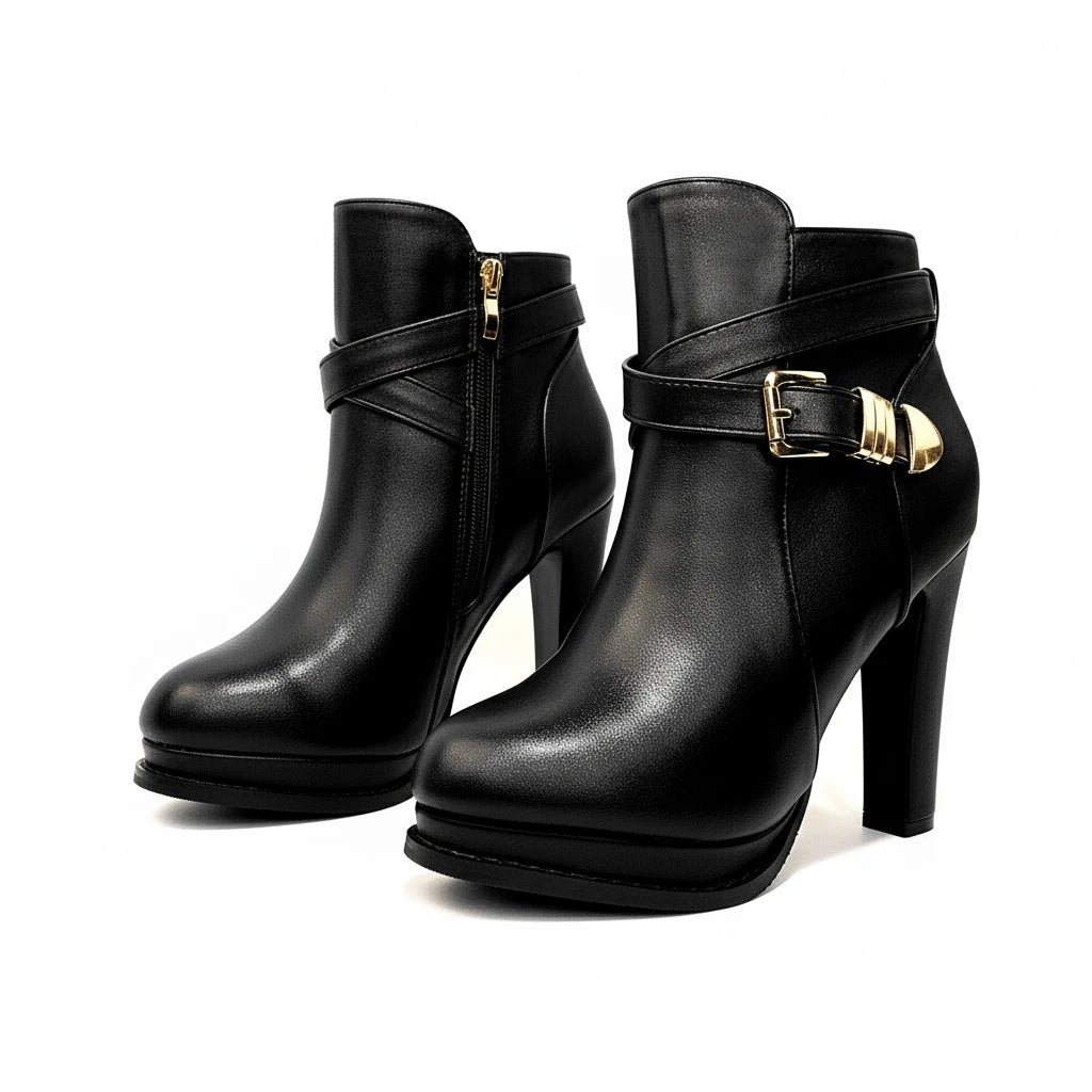 Metal Leather Buckle High Heels Middle Cylinder Booties