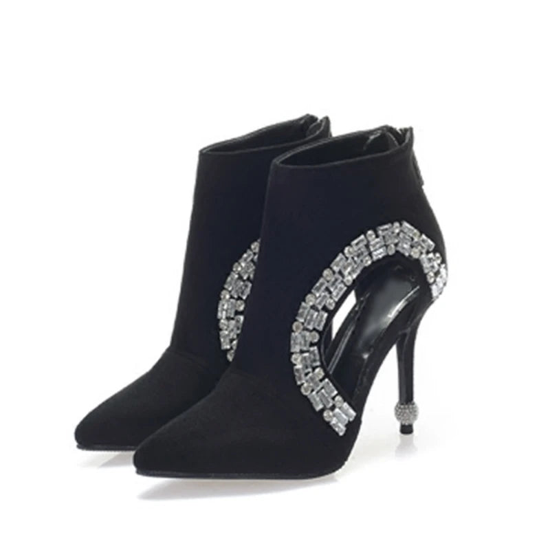 Hollow Crystal Pointy Toe Zipper Up Stiletto High Heel Suede Velvet Ankle Booties