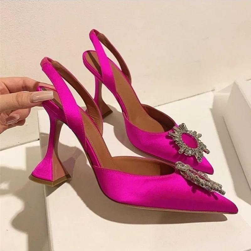 Women's rhinestones sun flower high heel slingback shoes pointed toe