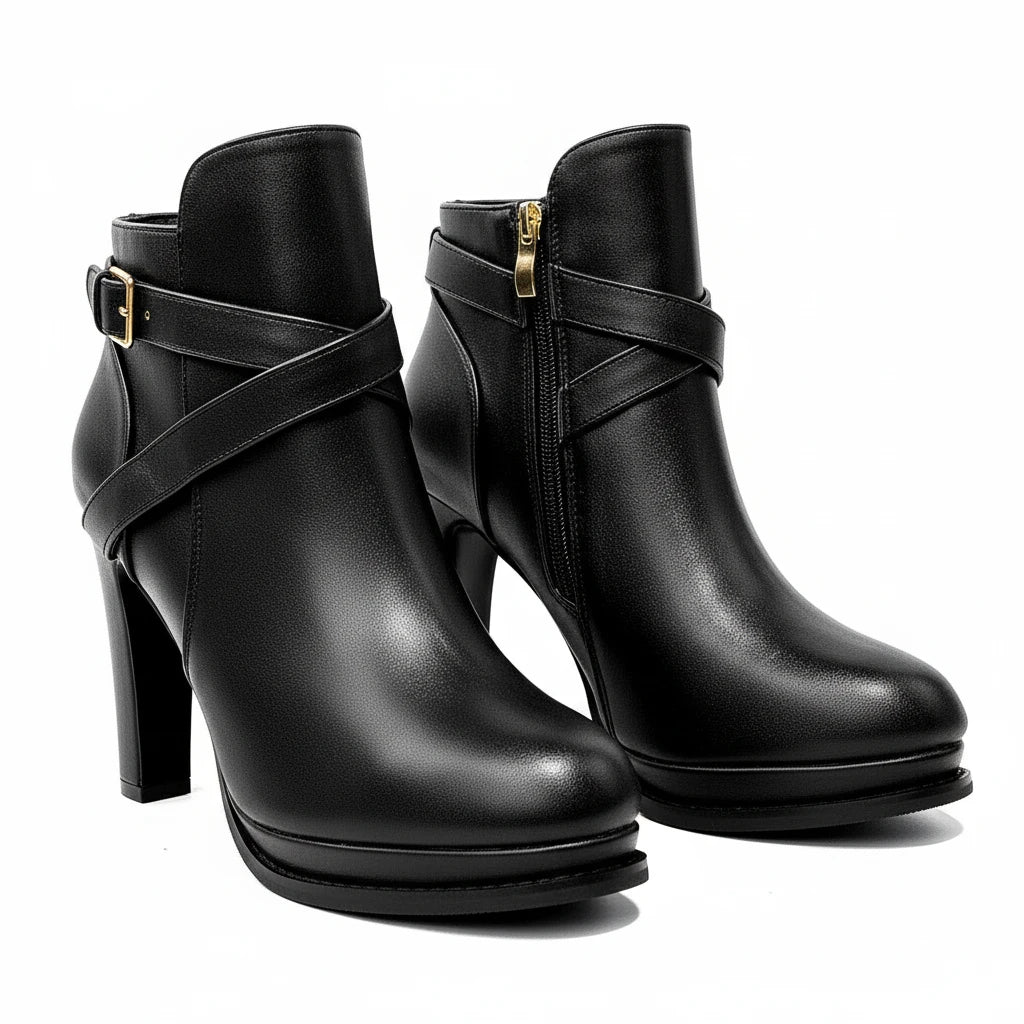 Metal Leather Buckle High Heels Middle Cylinder Booties