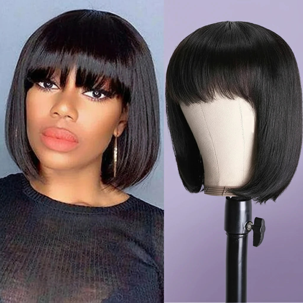 Straight Bob Wig With Bangs 100% Human Hair Blunt Cut Brazilian Hair