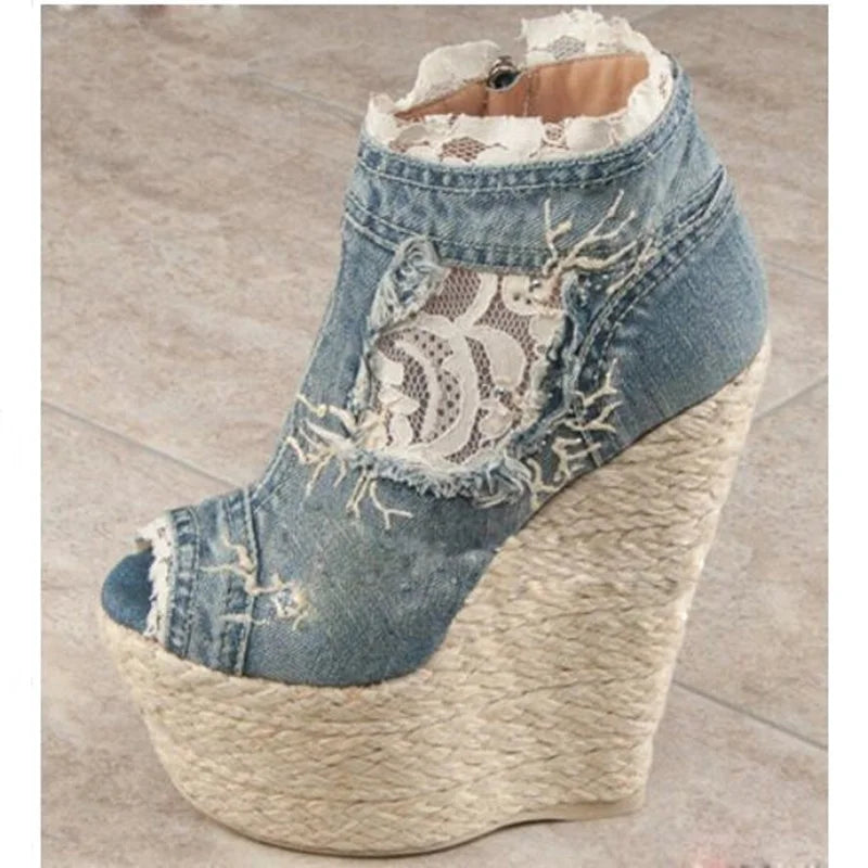 Woman’s Denim Lace Decor Platform Toe Blue High Heels Wedge Sandals