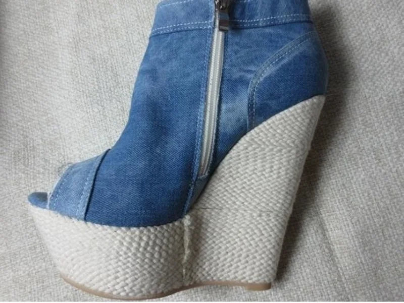 Woman’s Denim Lace Decor Platform Toe Blue High Heels Wedge Sandals