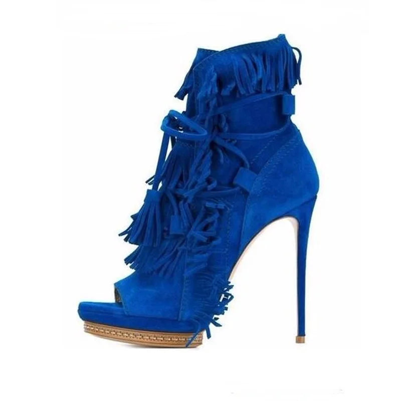Peep Toe Platform Fringed Lace Up High Heels Gladiator Ankle Boots