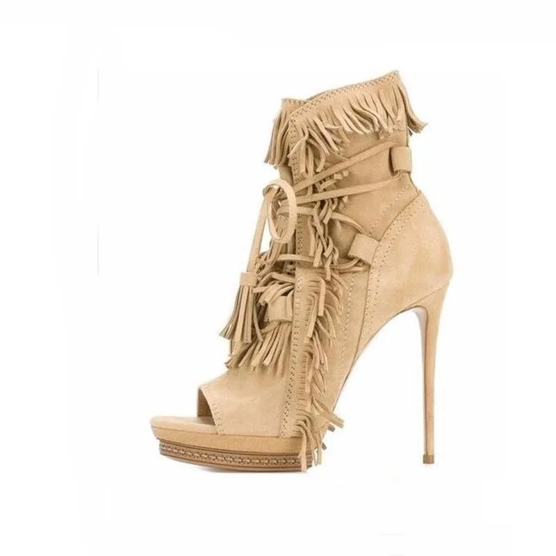 Peep Toe Platform Fringed Lace Up High Heels Gladiator Ankle Boots