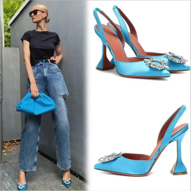 Women's rhinestones sun flower high heel slingback shoes pointed toe