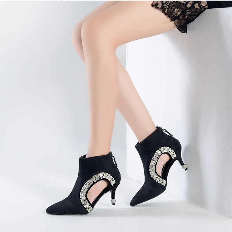 Hollow Crystal Pointy Toe Zipper Up Stiletto High Heel Suede Velvet Ankle Booties