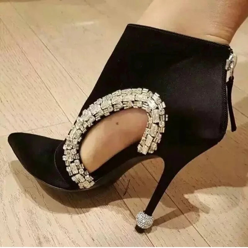 Hollow Crystal Pointy Toe Zipper Up Stiletto High Heel Suede Velvet Ankle Booties