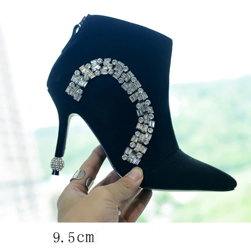 Hollow Crystal Pointy Toe Zipper Up Stiletto High Heel Suede Velvet Ankle Booties
