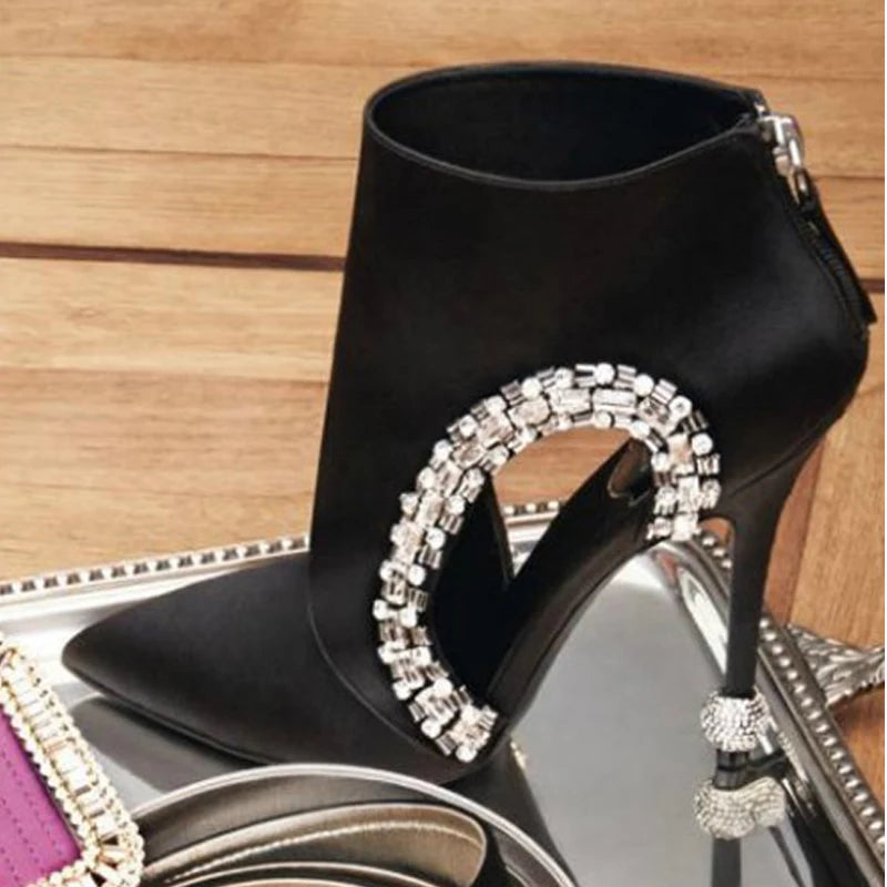 Hollow Crystal Pointy Toe Zipper Up Stiletto High Heel Suede Velvet Ankle Booties