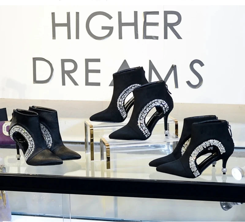 Hollow Crystal Pointy Toe Zipper Up Stiletto High Heel Suede Velvet Ankle Booties