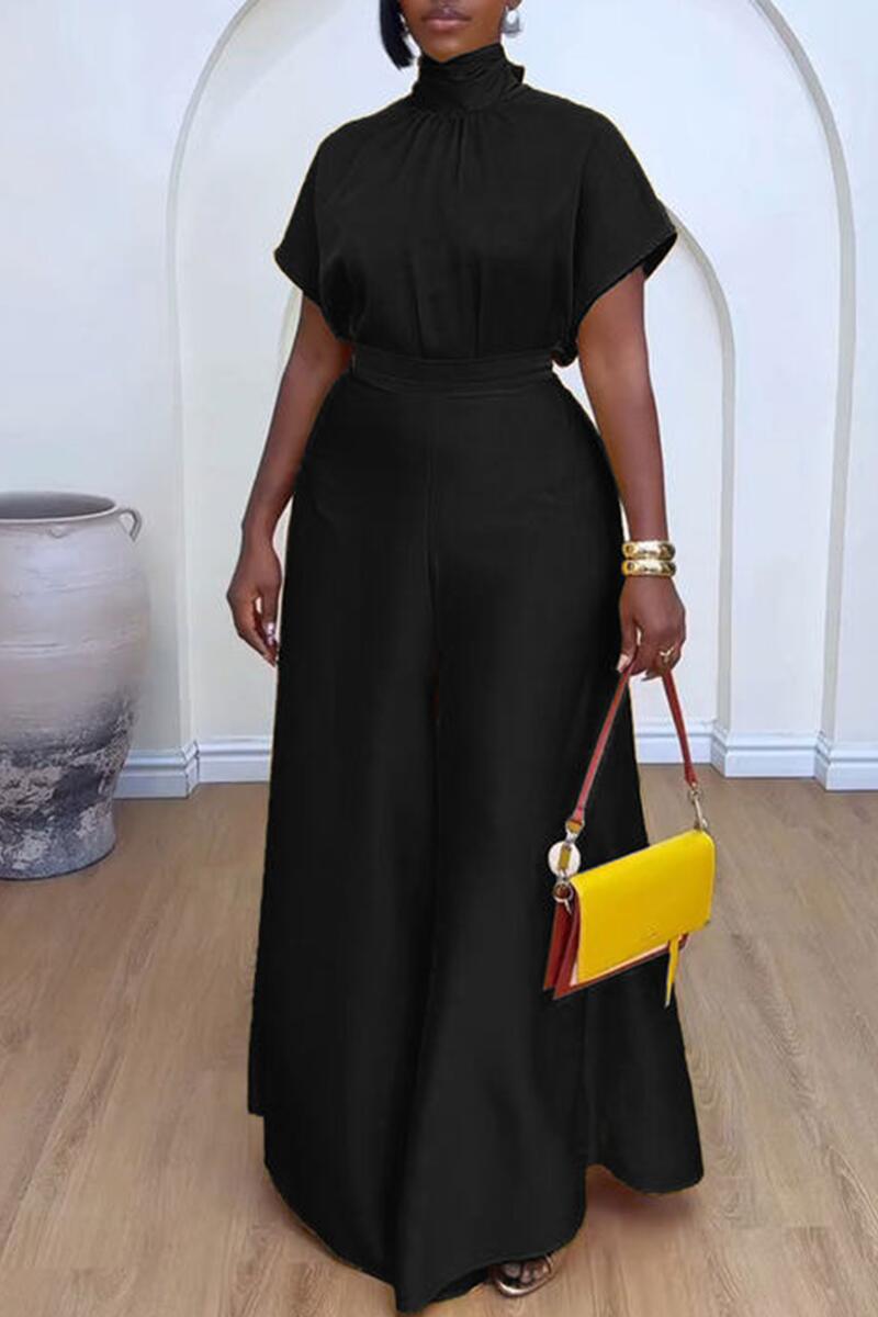 Satin Short Sleeve Turtleneck Top & Wide Leg Pants